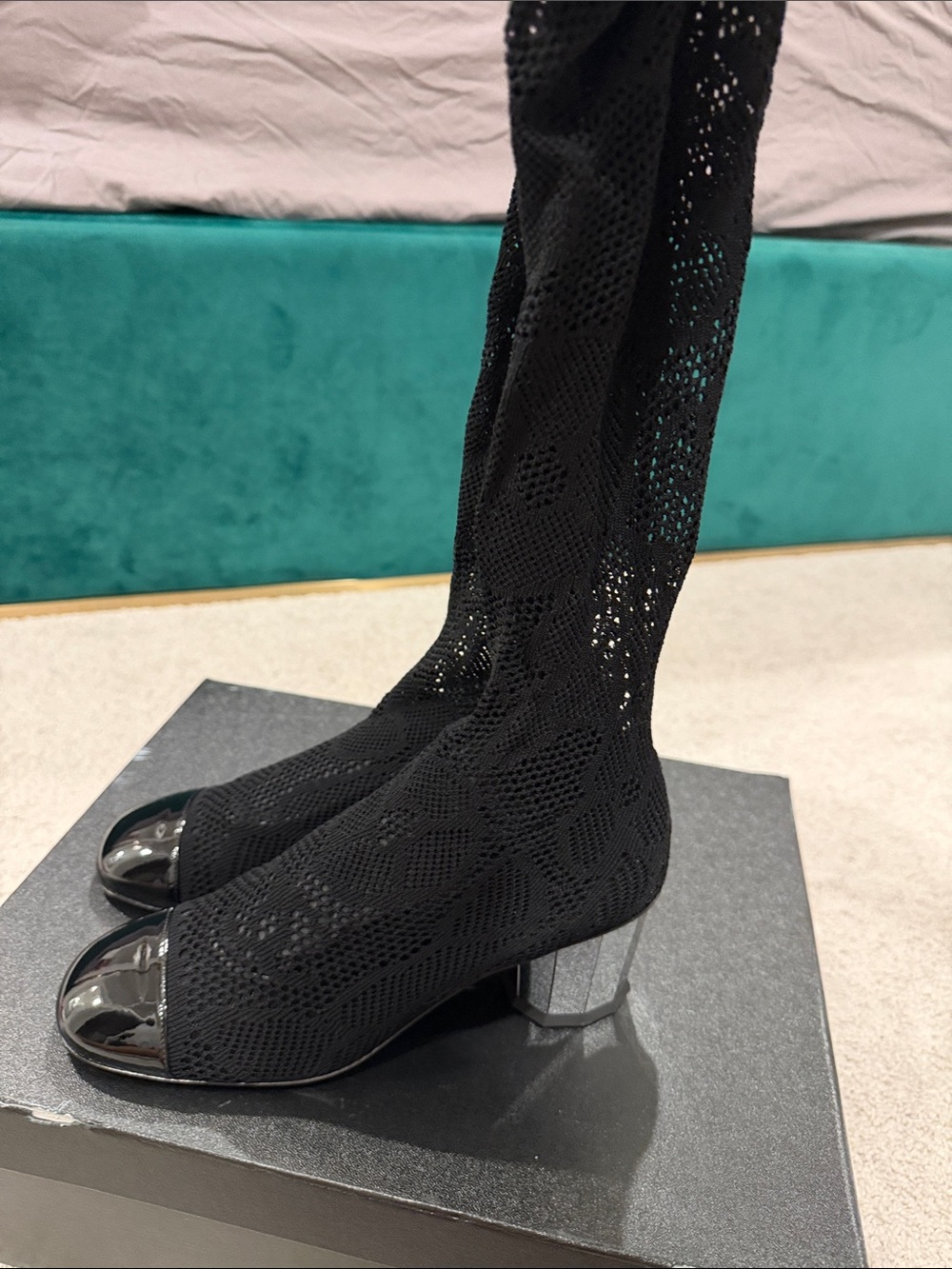 CHANEL Black Knit Over-the-Knee Heeled Boots with Patent Cap Toe